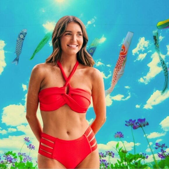 HEAT Bikini Set NEW Halter Top High Waist Bottoms Red Size M - Picture 1 of 11